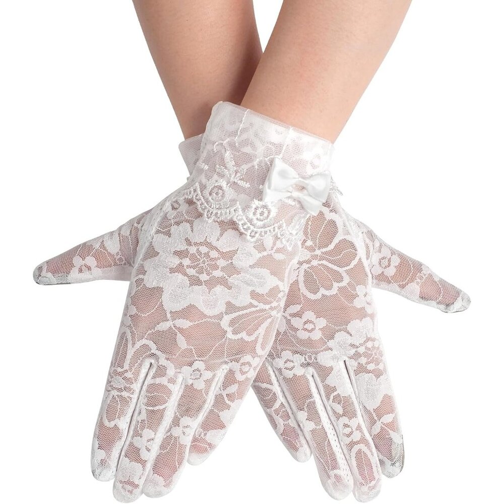 Women's Floral Bow White Short Lace Gloves Wedding Party Costume Accessories